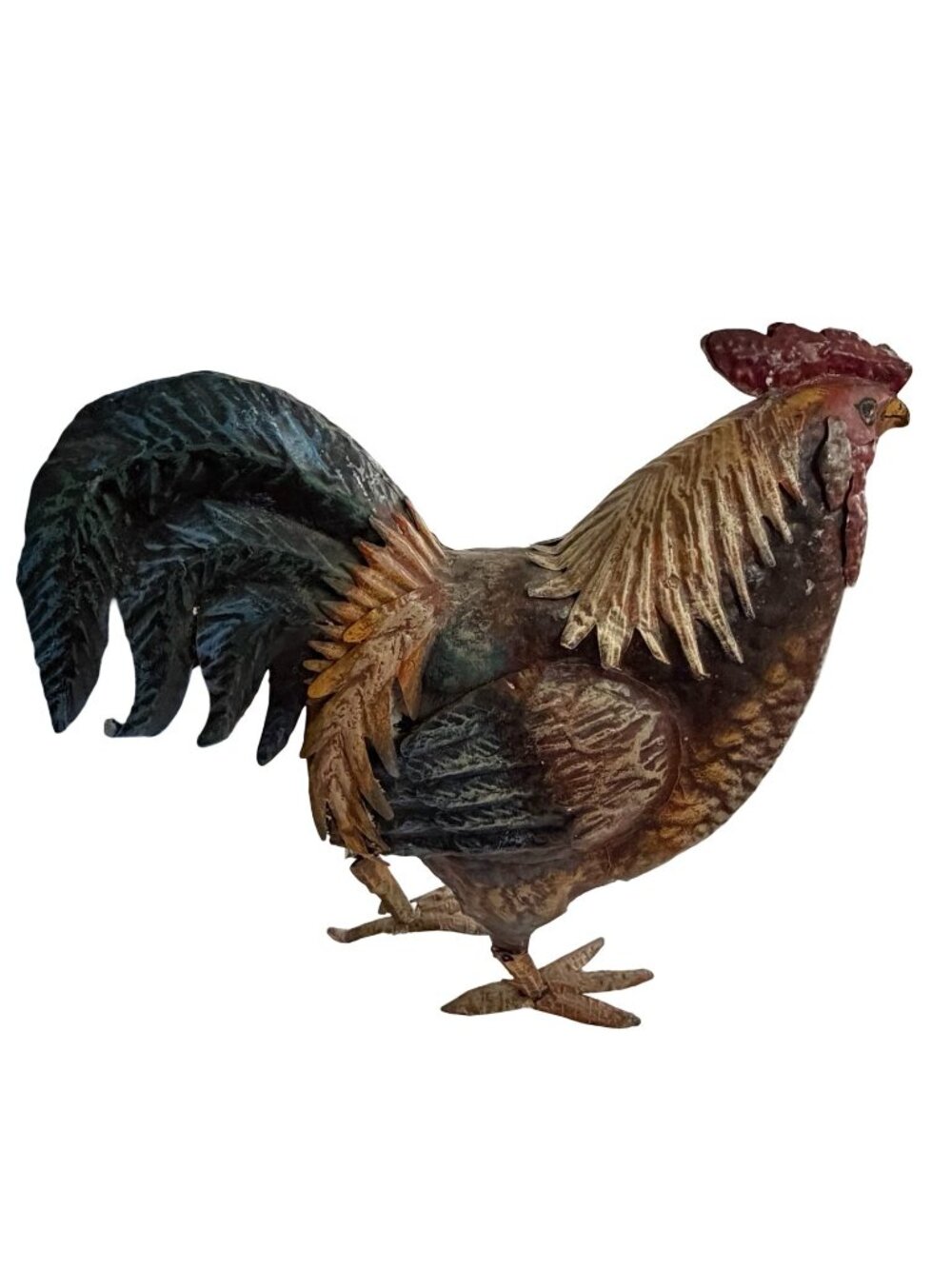 Vintage Metal Rooster Chicken Figurine Rustic Farmhouse Folk Art Hand Painted Co